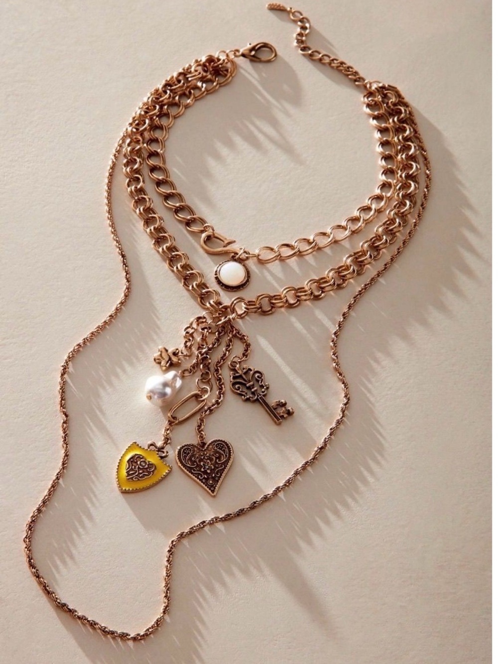 Free people Tate Layered Gold Charm Necklace with Heart, Key & Pearl